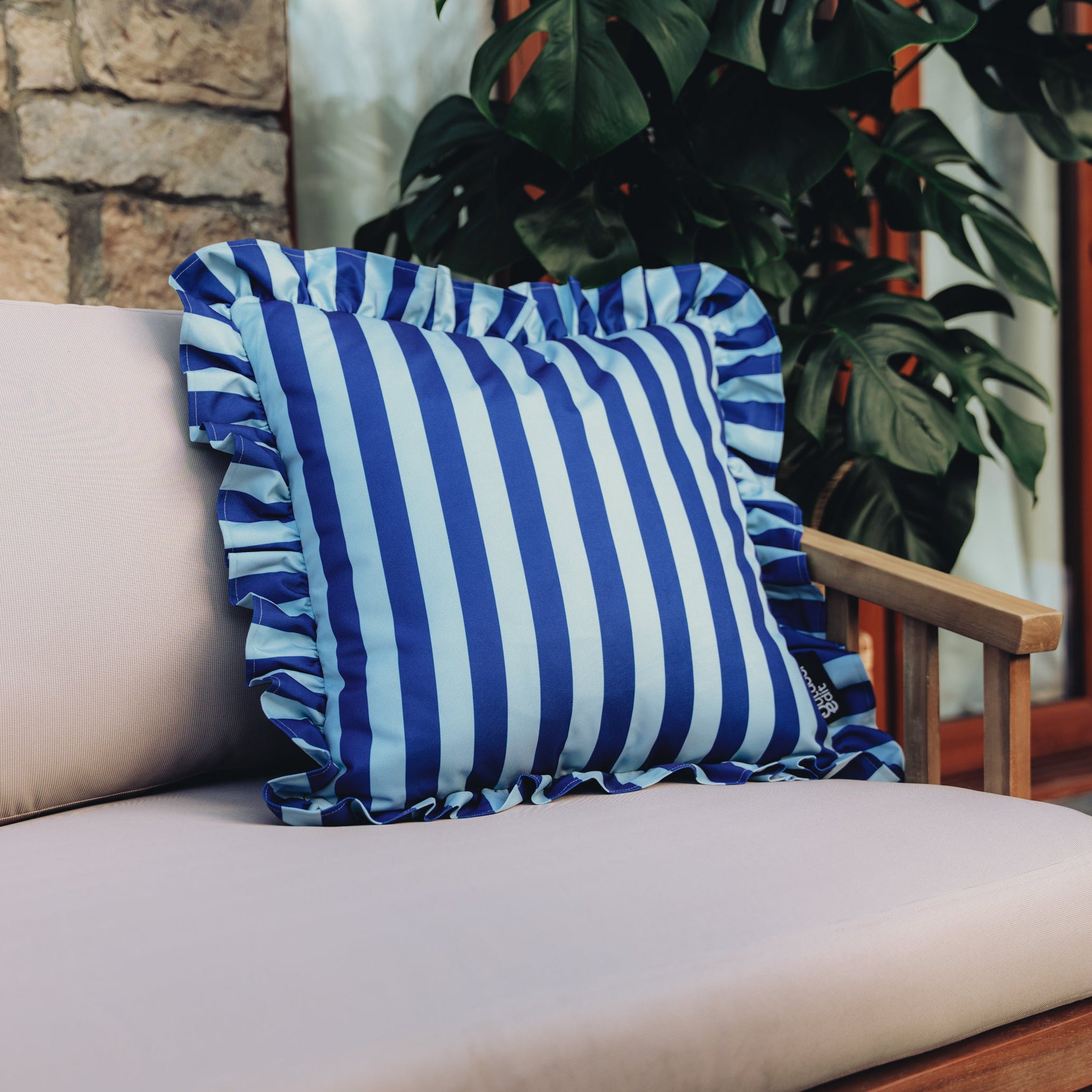 The Ocean Blue Stripe Frilled Outdoor Cushion