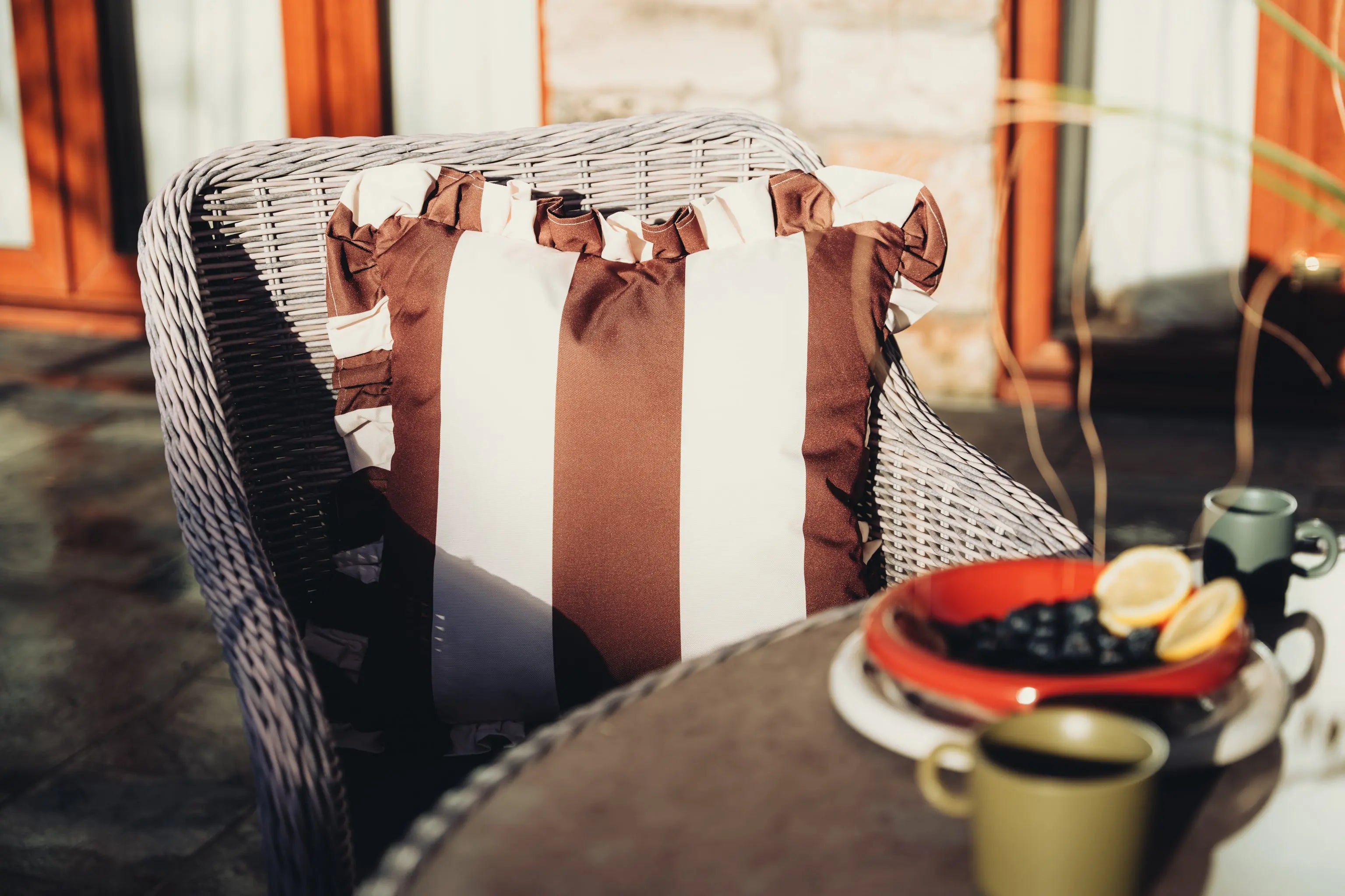 The Brown Block Stripe Frilled Outdoor Cushion