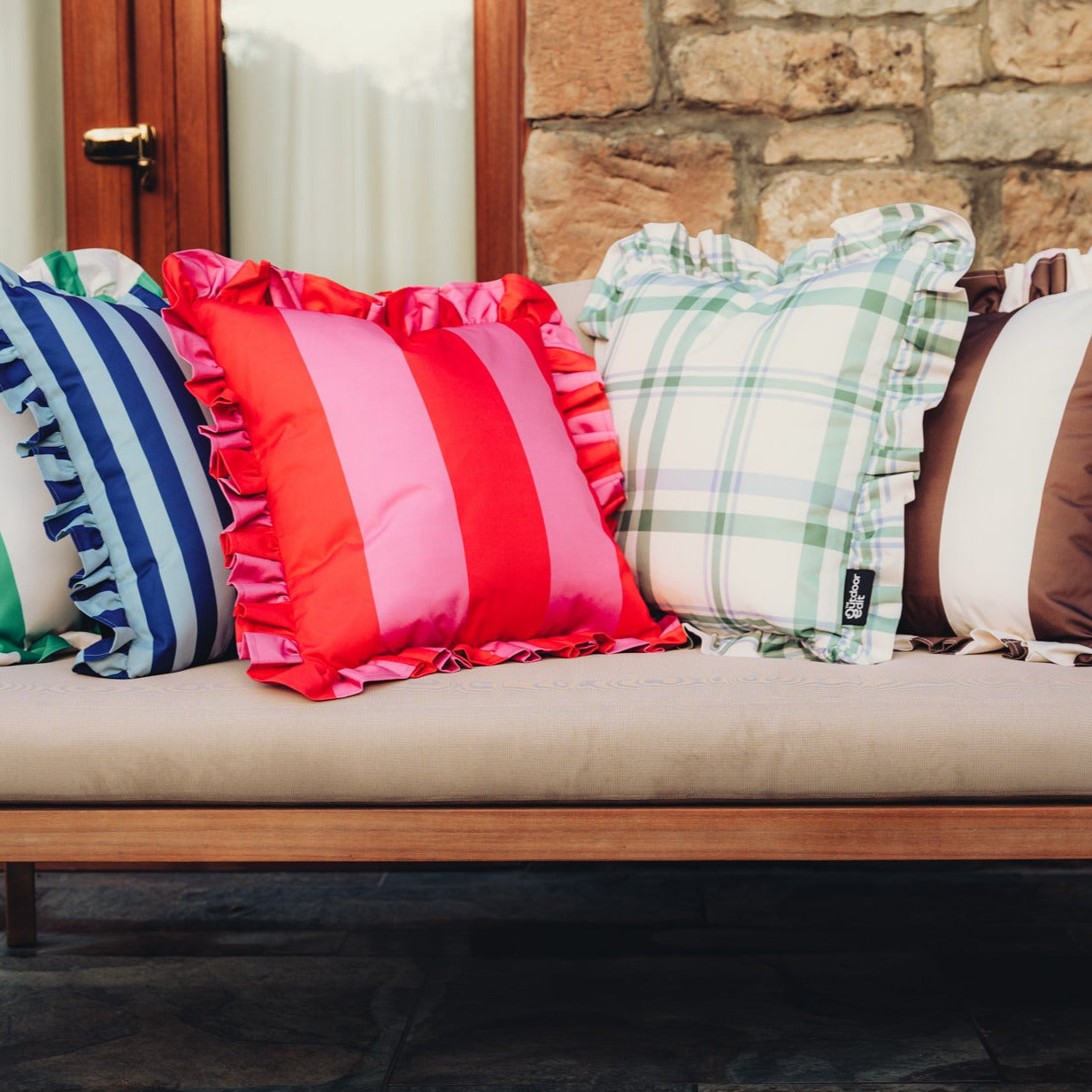 The Green Block Stripe Frilled Outdoor Cushion